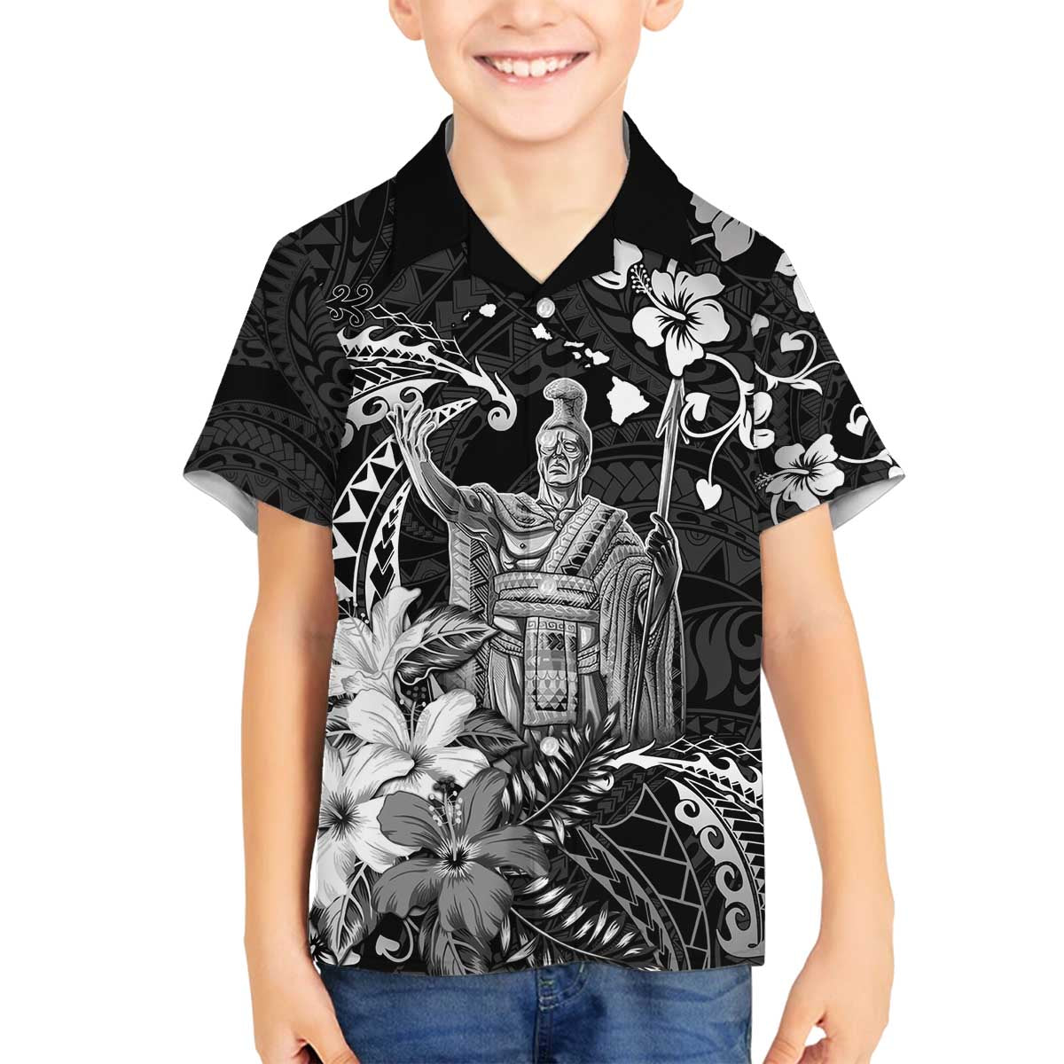 Hawaii King Kamehameha Day Family Matching Off The Shoulder Long Sleeve Dress and Hawaiian Shirt Polynesian Pattern Mix Hibiscus Black LT05 Son's Shirt Black - Polynesian Pride