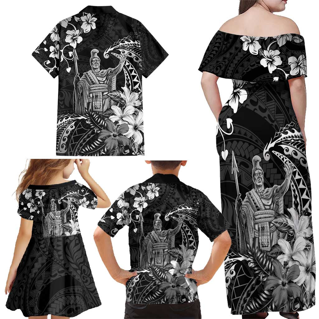 Hawaii King Kamehameha Day Family Matching Off Shoulder Maxi Dress and Hawaiian Shirt Polynesian Pattern Mix Hibiscus Black