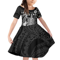 Hawaii King Kamehameha Day Family Matching Off Shoulder Short Dress and Hawaiian Shirt Polynesian Pattern Mix Hibiscus Black