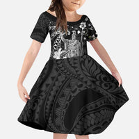 Hawaii King Kamehameha Day Family Matching Short Sleeve Bodycon Dress and Hawaiian Shirt Polynesian Pattern Mix Hibiscus Black LT05 Daughter's Dress Black - Polynesian Pride