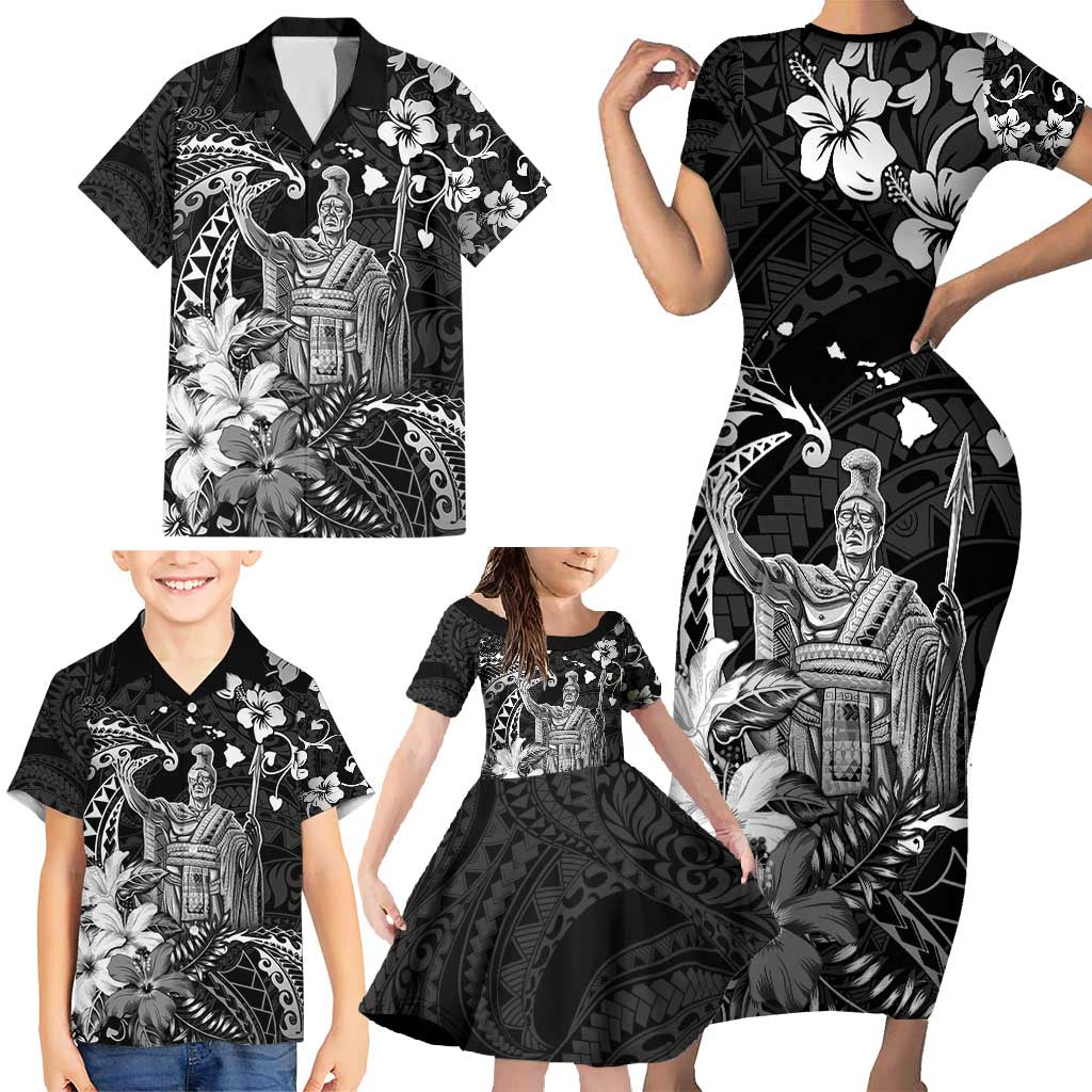 Hawaii King Kamehameha Day Family Matching Short Sleeve Bodycon Dress and Hawaiian Shirt Polynesian Pattern Mix Hibiscus Black LT05 - Polynesian Pride