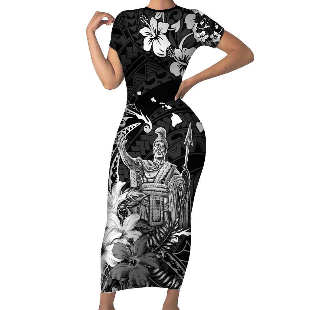 Hawaii King Kamehameha Day Family Matching Short Sleeve Bodycon Dress and Hawaiian Shirt Polynesian Pattern Mix Hibiscus Black LT05 Mom's Dress Black - Polynesian Pride