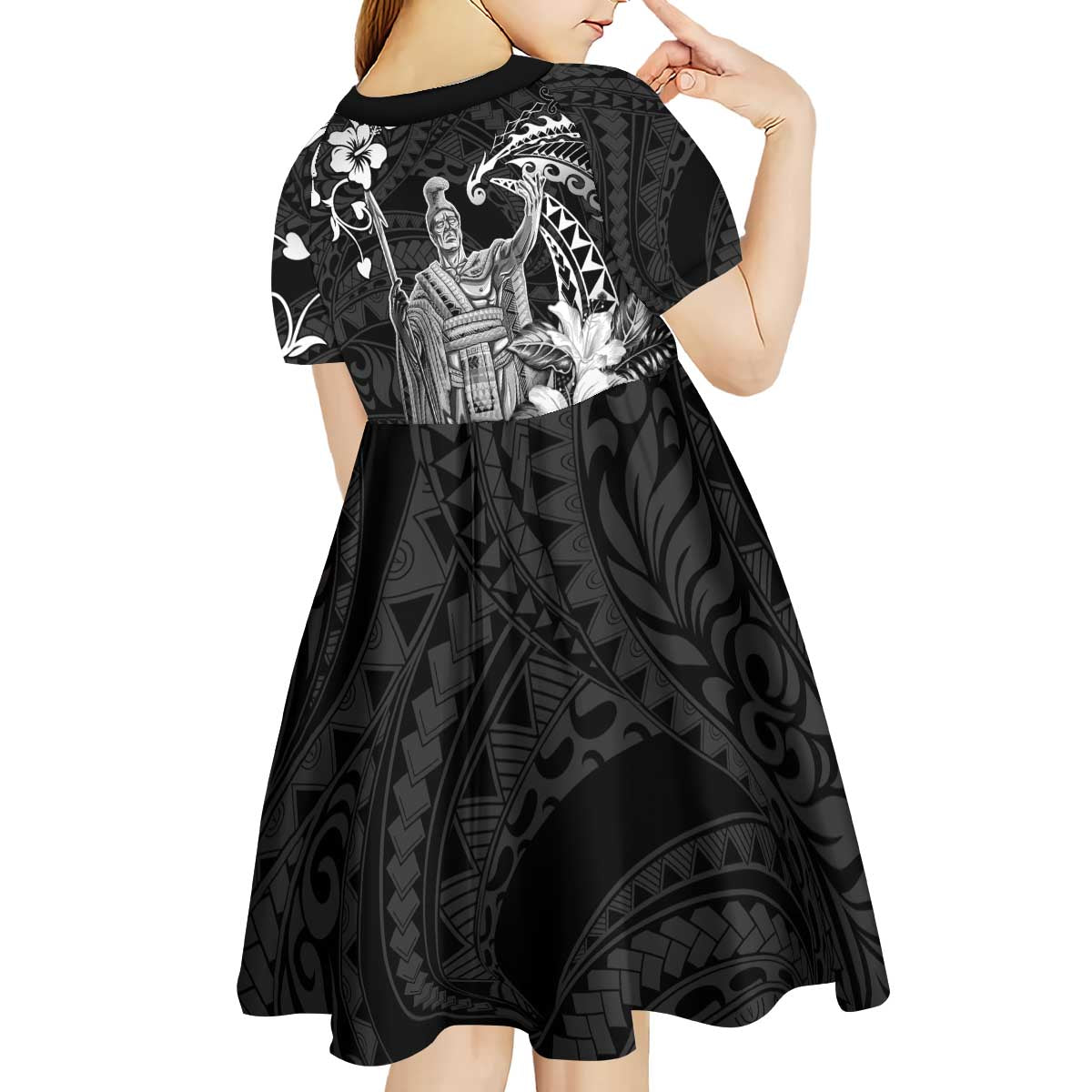 Hawaii King Kamehameha Day Kid Short Sleeve Dress Polynesian Pattern Mix Hibiscus Black