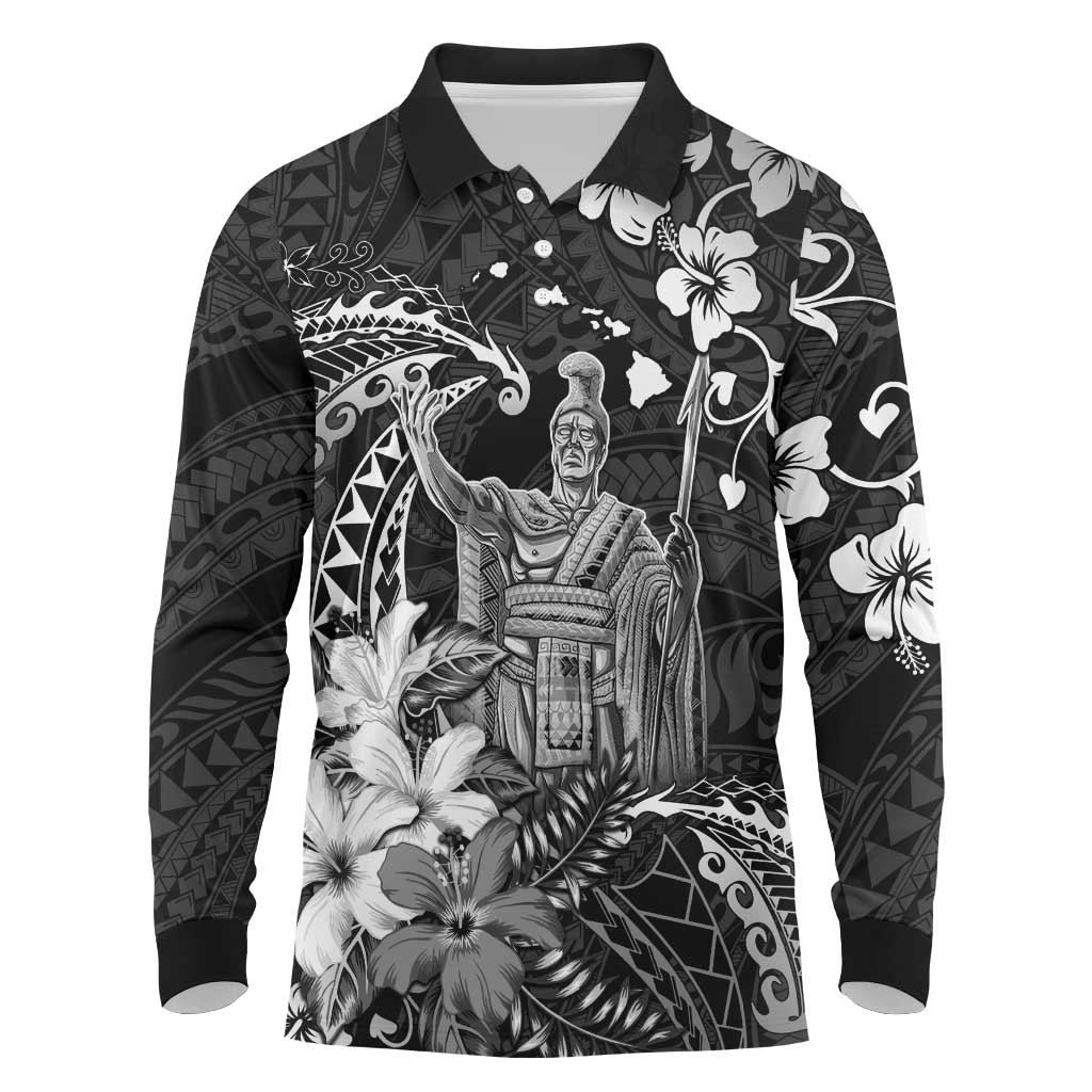 Hawaii King Kamehameha Day Long Sleeve Polo Shirt Polynesian Pattern Mix Hibiscus Black LT05 Black - Polynesian Pride