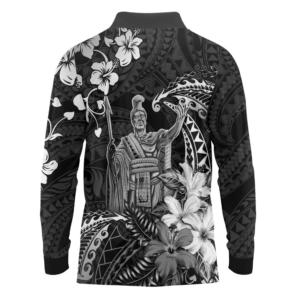 Hawaii King Kamehameha Day Long Sleeve Polo Shirt Polynesian Pattern Mix Hibiscus Black LT05 - Polynesian Pride