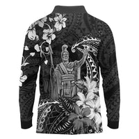 Hawaii King Kamehameha Day Long Sleeve Polo Shirt Polynesian Pattern Mix Hibiscus Black LT05 - Polynesian Pride