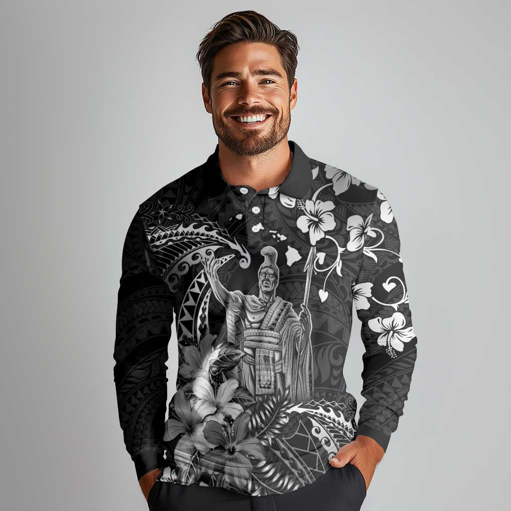 Hawaii King Kamehameha Day Long Sleeve Polo Shirt Polynesian Pattern Mix Hibiscus Black LT05 - Polynesian Pride
