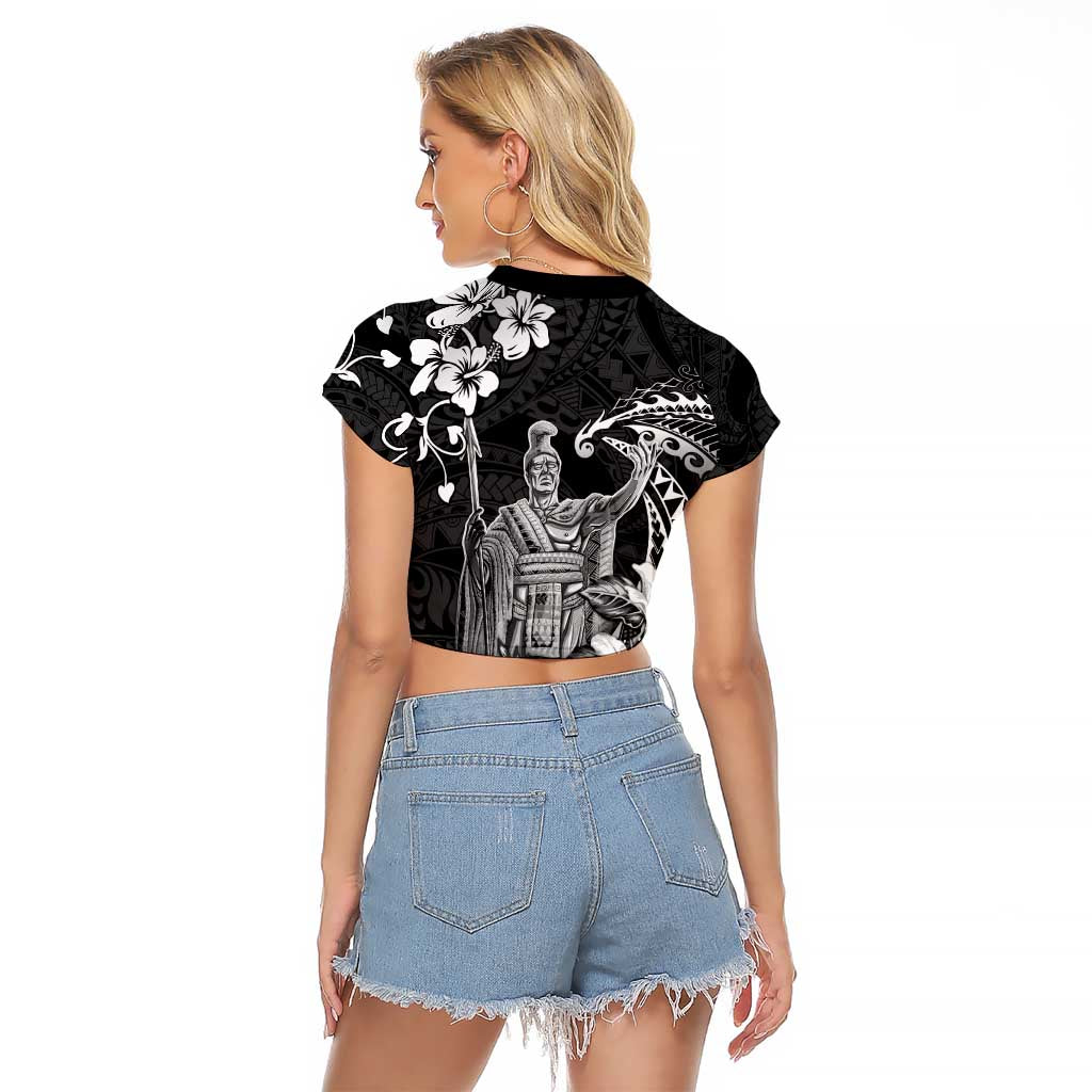 Hawaii King Kamehameha Day Raglan Cropped T Shirt Polynesian Pattern Mix Hibiscus Black
