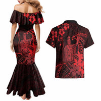 Hawaii King Kamehameha Day Couples Matching Mermaid Dress and Hawaiian Shirt Polynesian Pattern Mix Hibiscus Red
