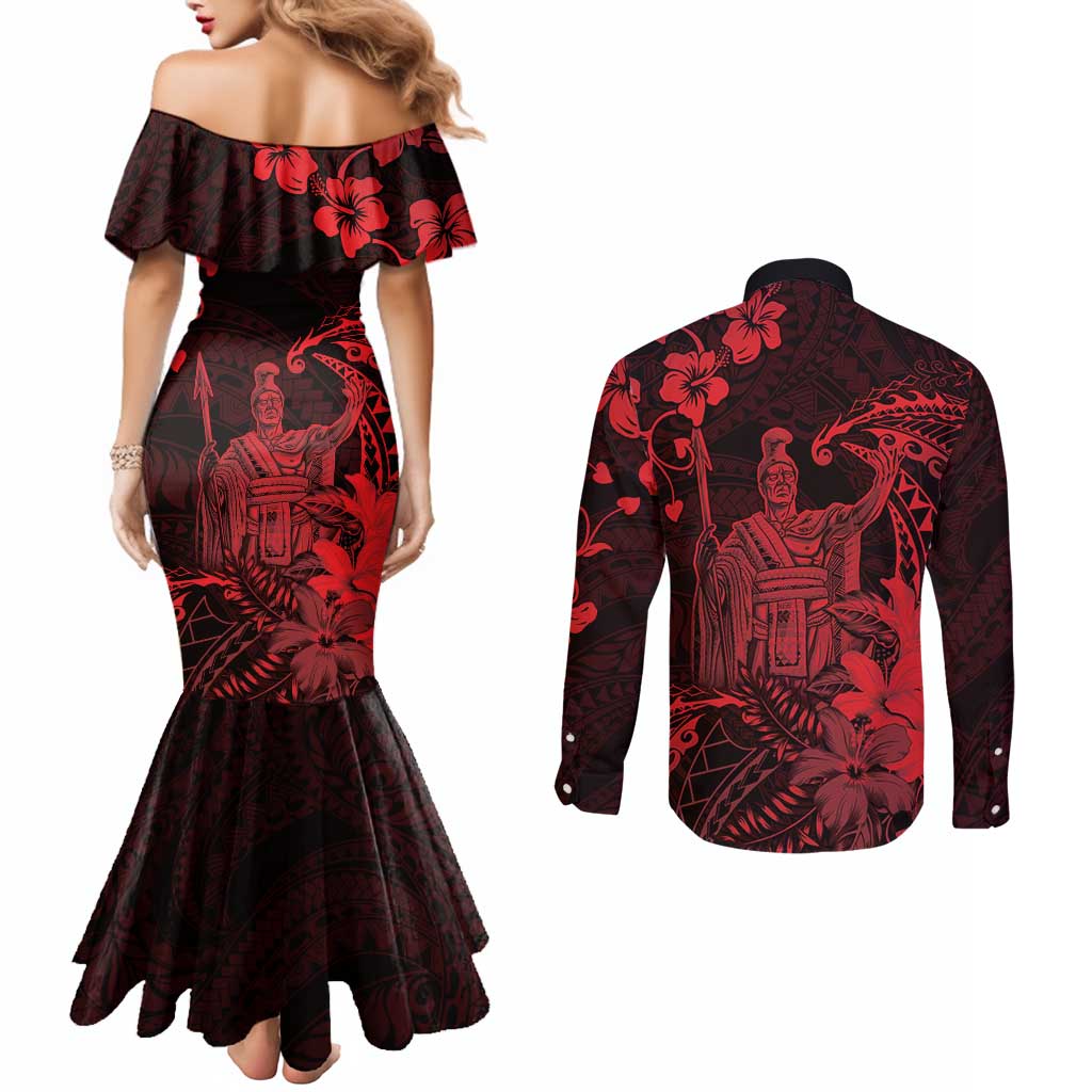 Hawaii King Kamehameha Day Couples Matching Mermaid Dress and Long Sleeve Button Shirt Polynesian Pattern Mix Hibiscus Red