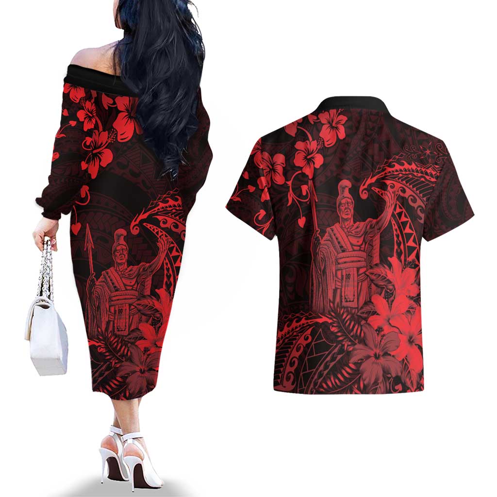 Hawaii King Kamehameha Day Couples Matching Off The Shoulder Long Sleeve Dress and Hawaiian Shirt Polynesian Pattern Mix Hibiscus Red