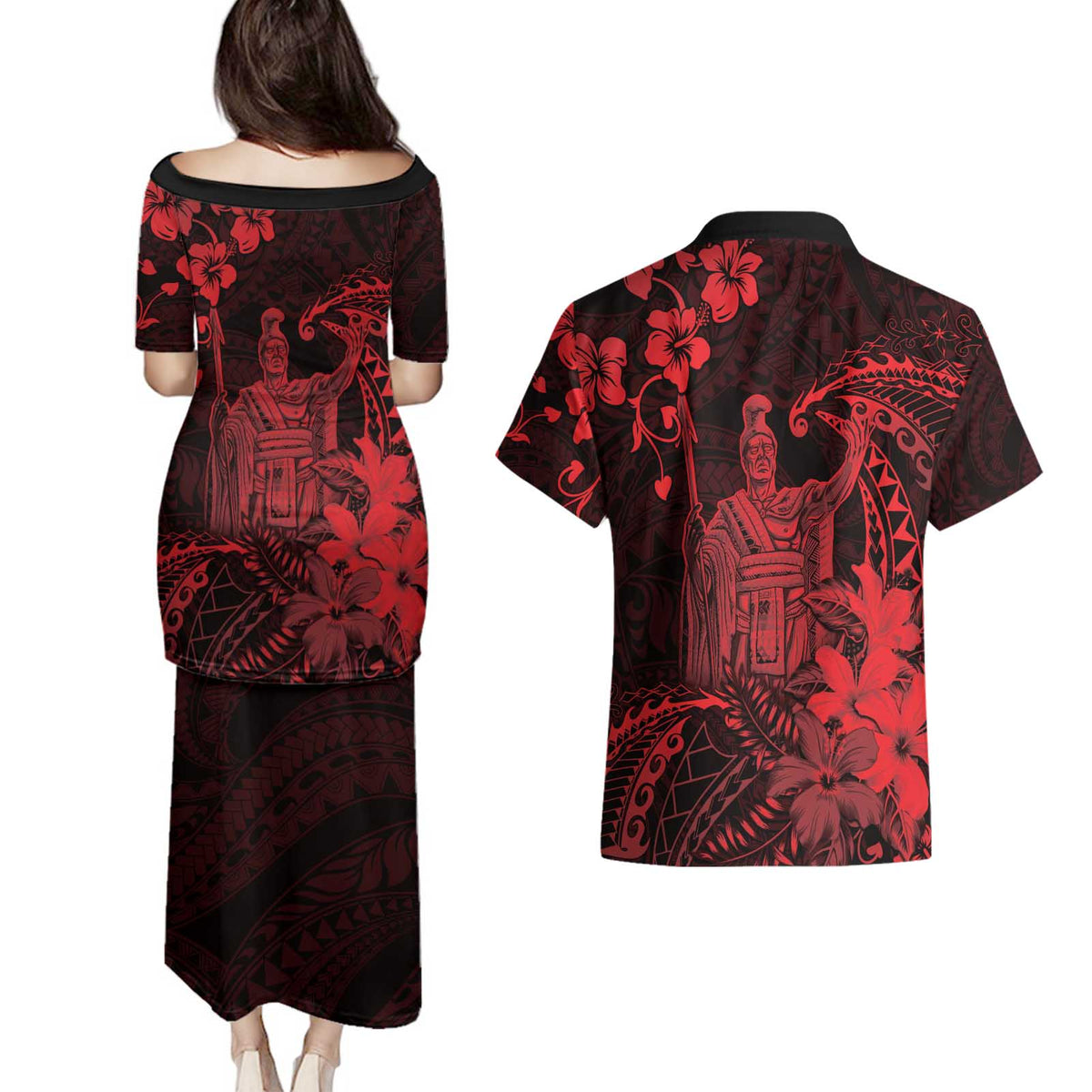 Hawaii King Kamehameha Day Couples Matching Puletasi and Hawaiian Shirt Polynesian Pattern Mix Hibiscus Red