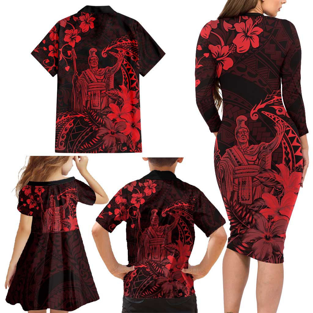 Hawaii King Kamehameha Day Family Matching Long Sleeve Bodycon Dress and Hawaiian Shirt Polynesian Pattern Mix Hibiscus Red LT05 - Polynesian Pride