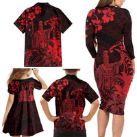 Hawaii King Kamehameha Day Family Matching Long Sleeve Bodycon Dress and Hawaiian Shirt Polynesian Pattern Mix Hibiscus Red LT05 - Polynesian Pride