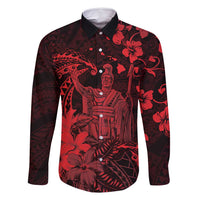 Hawaii King Kamehameha Day Family Matching Long Sleeve Bodycon Dress and Hawaiian Shirt Polynesian Pattern Mix Hibiscus Red LT05 Dad's Shirt - Long Sleeve Red - Polynesian Pride