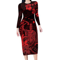 Hawaii King Kamehameha Day Family Matching Long Sleeve Bodycon Dress and Hawaiian Shirt Polynesian Pattern Mix Hibiscus Red LT05 Mom's Dress Red - Polynesian Pride