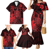 Hawaii King Kamehameha Day Family Matching Mermaid Dress and Hawaiian Shirt Polynesian Pattern Mix Hibiscus Red LT05 - Polynesian Pride
