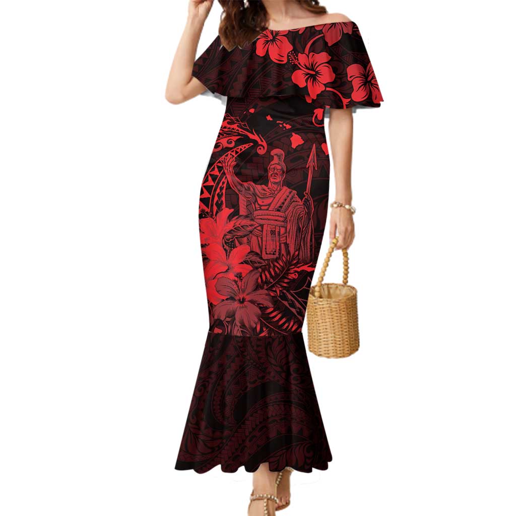 Hawaii King Kamehameha Day Family Matching Mermaid Dress and Hawaiian Shirt Polynesian Pattern Mix Hibiscus Red LT05 Mom's Dress Red - Polynesian Pride