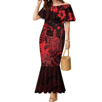 Hawaii King Kamehameha Day Family Matching Mermaid Dress and Hawaiian Shirt Polynesian Pattern Mix Hibiscus Red LT05 Mom's Dress Red - Polynesian Pride