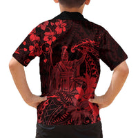 Hawaii King Kamehameha Day Family Matching Off The Shoulder Long Sleeve Dress and Hawaiian Shirt Polynesian Pattern Mix Hibiscus Red LT05 - Polynesian Pride