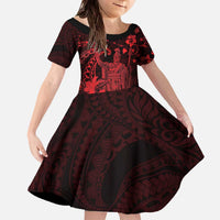Hawaii King Kamehameha Day Family Matching Off The Shoulder Long Sleeve Dress and Hawaiian Shirt Polynesian Pattern Mix Hibiscus Red LT05 Daughter's Dress Red - Polynesian Pride