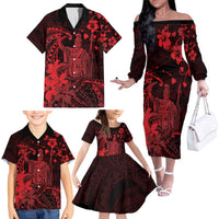Hawaii King Kamehameha Day Family Matching Off The Shoulder Long Sleeve Dress and Hawaiian Shirt Polynesian Pattern Mix Hibiscus Red LT05 - Polynesian Pride