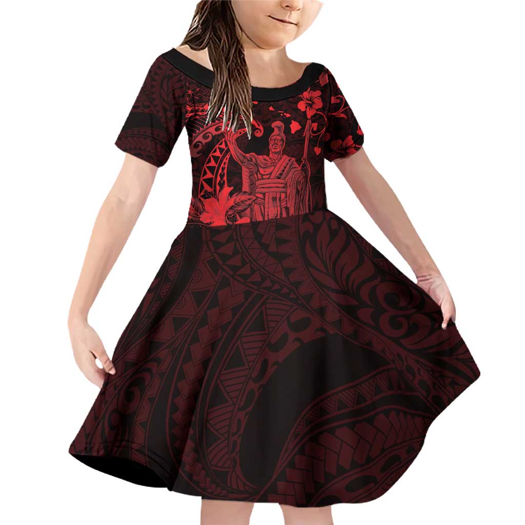 Hawaii King Kamehameha Day Family Matching Off Shoulder Short Dress and Hawaiian Shirt Polynesian Pattern Mix Hibiscus Red