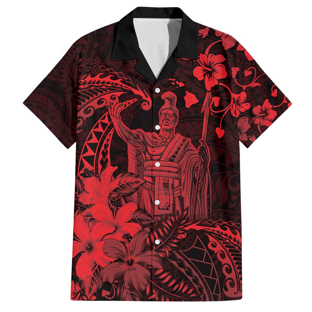 Hawaii King Kamehameha Day Family Matching Off Shoulder Short Dress and Hawaiian Shirt Polynesian Pattern Mix Hibiscus Red