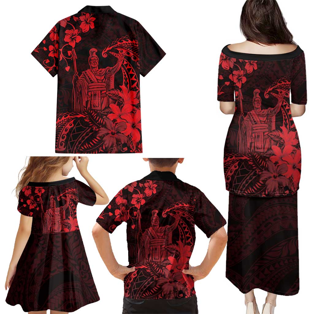 Hawaii King Kamehameha Day Family Matching Puletasi and Hawaiian Shirt Polynesian Pattern Mix Hibiscus Red