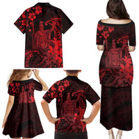 Hawaii King Kamehameha Day Family Matching Puletasi and Hawaiian Shirt Polynesian Pattern Mix Hibiscus Red