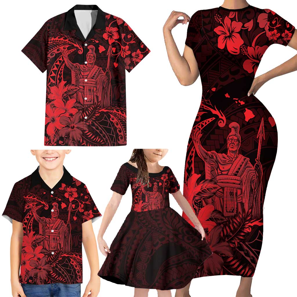 Hawaii King Kamehameha Day Family Matching Short Sleeve Bodycon Dress and Hawaiian Shirt Polynesian Pattern Mix Hibiscus Red LT05 - Polynesian Pride