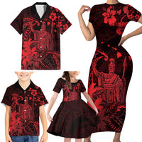 Hawaii King Kamehameha Day Family Matching Short Sleeve Bodycon Dress and Hawaiian Shirt Polynesian Pattern Mix Hibiscus Red LT05 - Polynesian Pride