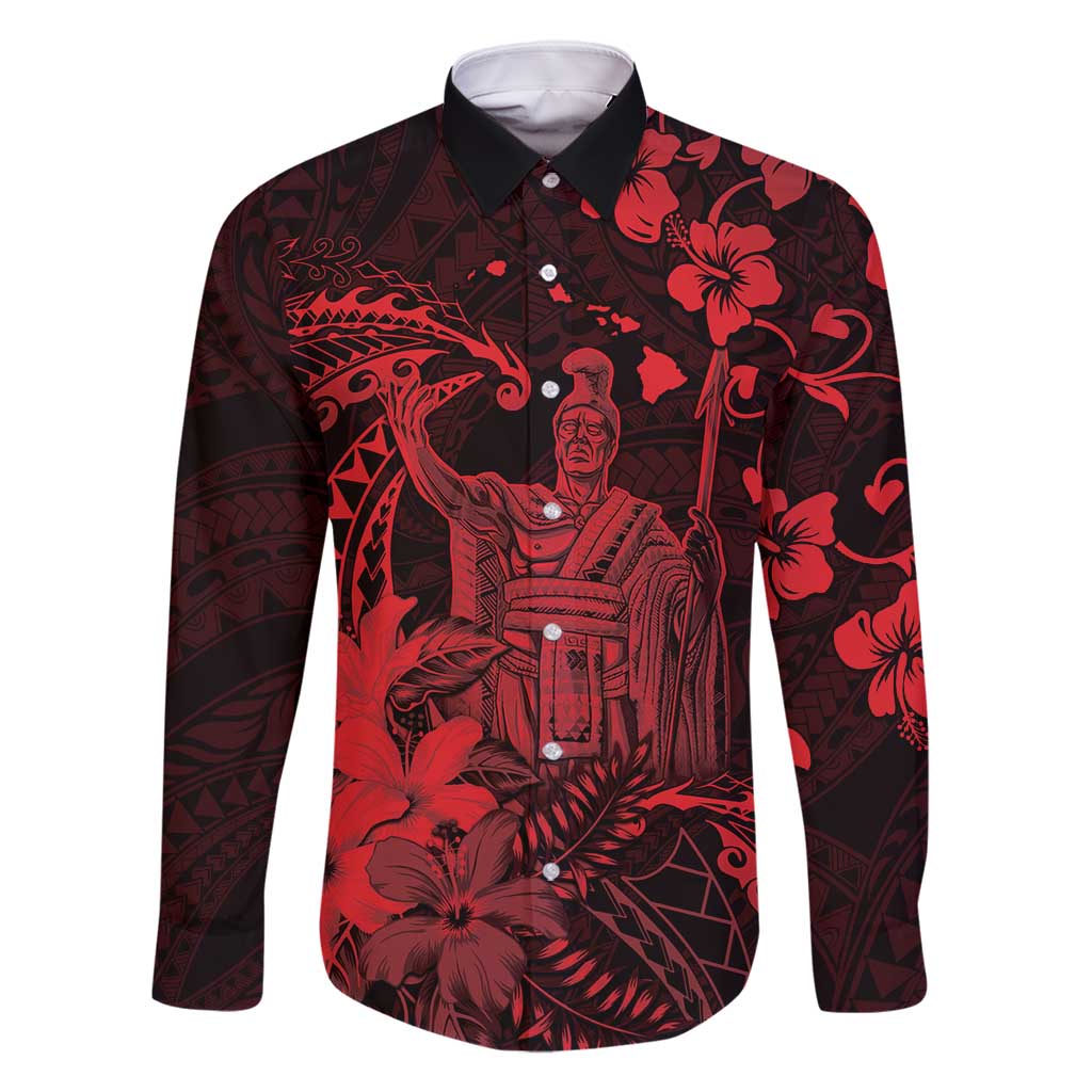 Hawaii King Kamehameha Day Family Matching Tank Maxi Dress and Hawaiian Shirt Polynesian Pattern Mix Hibiscus Red LT05 Dad's Shirt - Long Sleeve Red - Polynesian Pride