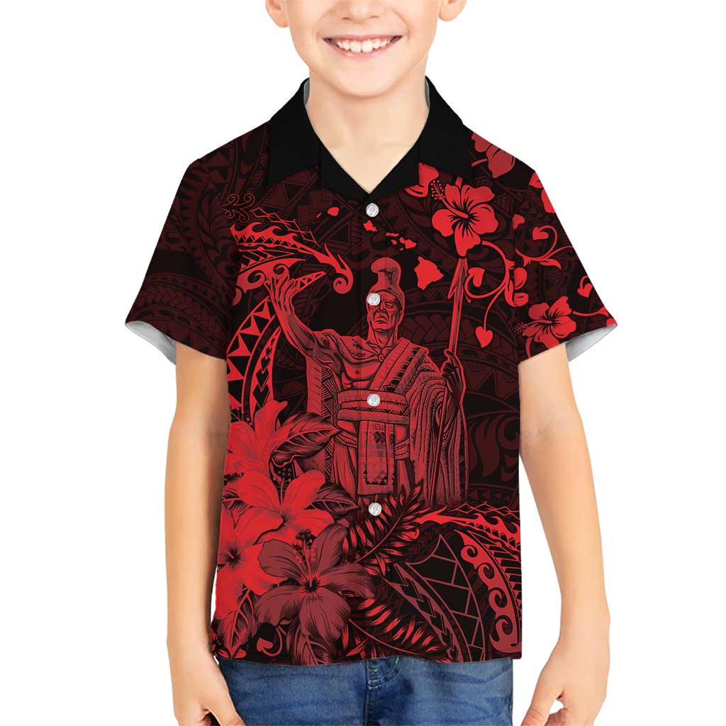 Hawaii King Kamehameha Day Family Matching Tank Maxi Dress and Hawaiian Shirt Polynesian Pattern Mix Hibiscus Red LT05 Son's Shirt Red - Polynesian Pride