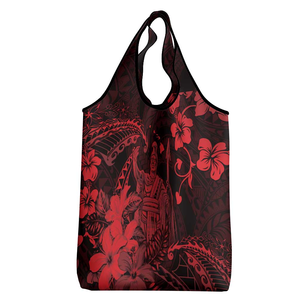Hawaii King Kamehameha Day Grocery Bag Polynesian Pattern Mix Hibiscus Red
