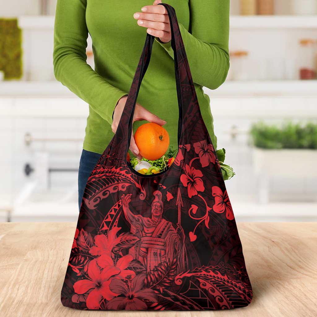Hawaii King Kamehameha Day Grocery Bag Polynesian Pattern Mix Hibiscus Red