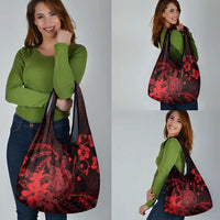 Hawaii King Kamehameha Day Grocery Bag Polynesian Pattern Mix Hibiscus Red