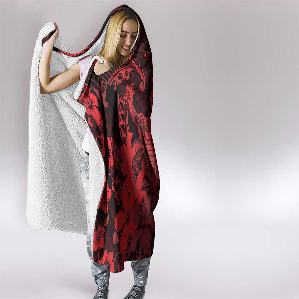 Hawaii King Kamehameha Day Hooded Blanket Polynesian Pattern Mix Hibiscus Red