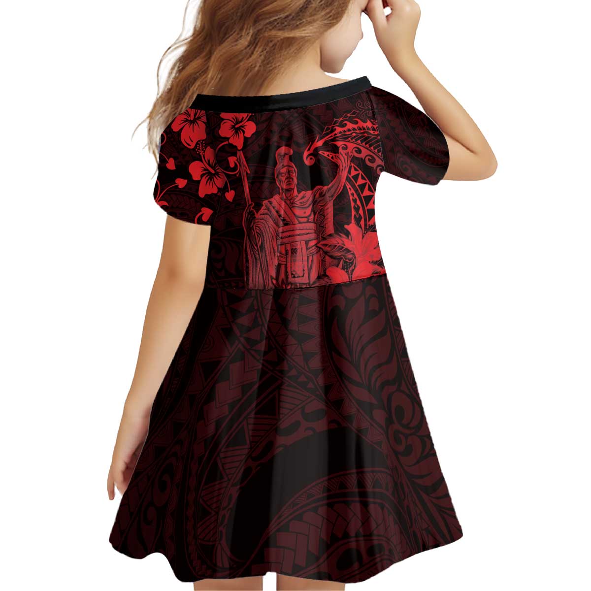Hawaii King Kamehameha Day Kid Short Sleeve Dress Polynesian Pattern Mix Hibiscus Red