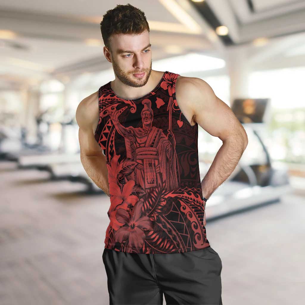 Hawaii King Kamehameha Day Men Tank Top Polynesian Pattern Mix Hibiscus Red
