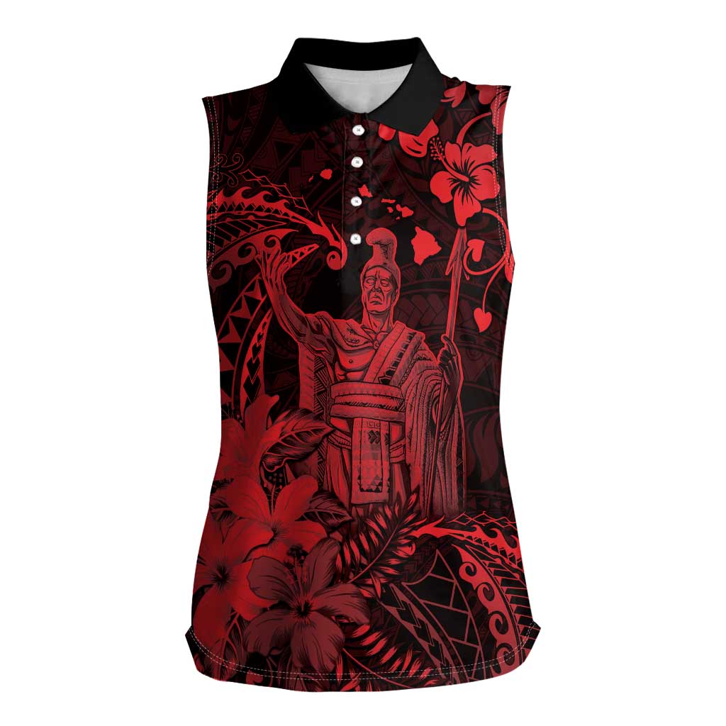 Hawaii King Kamehameha Day Women Sleeveless Polo Shirt Polynesian Pattern Mix Hibiscus Red