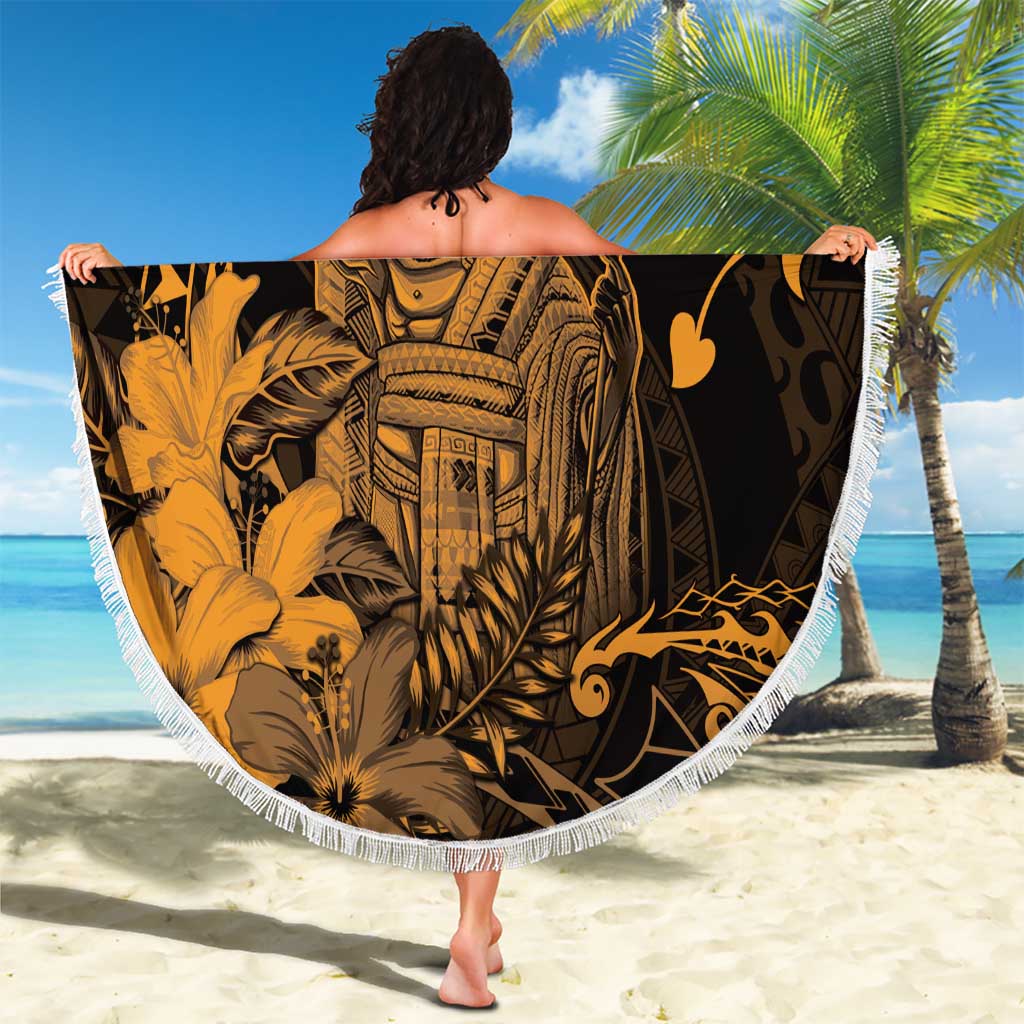 Hawaii King Kamehameha Day Beach Blanket Polynesian Pattern Mix Hibiscus Gold