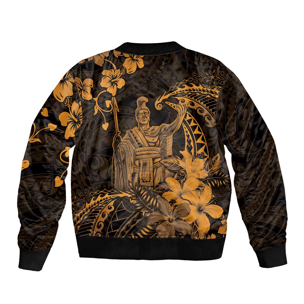 Hawaii King Kamehameha Day Bomber Jacket Polynesian Pattern Mix Hibiscus Gold