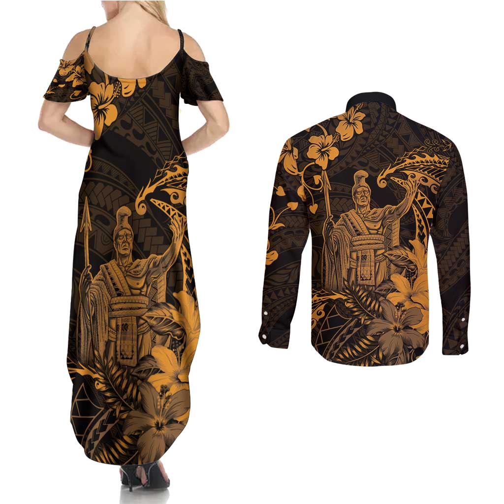 Hawaii King Kamehameha Day Couples Matching Summer Maxi Dress and Long Sleeve Button Shirt Polynesian Pattern Mix Hibiscus Gold