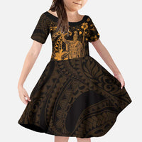 Hawaii King Kamehameha Day Family Matching Long Sleeve Bodycon Dress and Hawaiian Shirt Polynesian Pattern Mix Hibiscus Gold LT05 Daughter's Dress Gold - Polynesian Pride