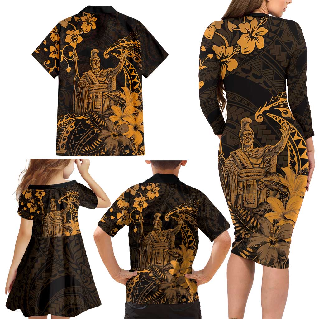 Hawaii King Kamehameha Day Family Matching Long Sleeve Bodycon Dress and Hawaiian Shirt Polynesian Pattern Mix Hibiscus Gold LT05 - Polynesian Pride