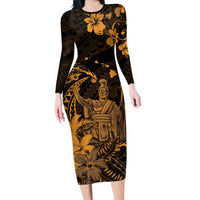 Hawaii King Kamehameha Day Family Matching Long Sleeve Bodycon Dress and Hawaiian Shirt Polynesian Pattern Mix Hibiscus Gold LT05 Mom's Dress Gold - Polynesian Pride
