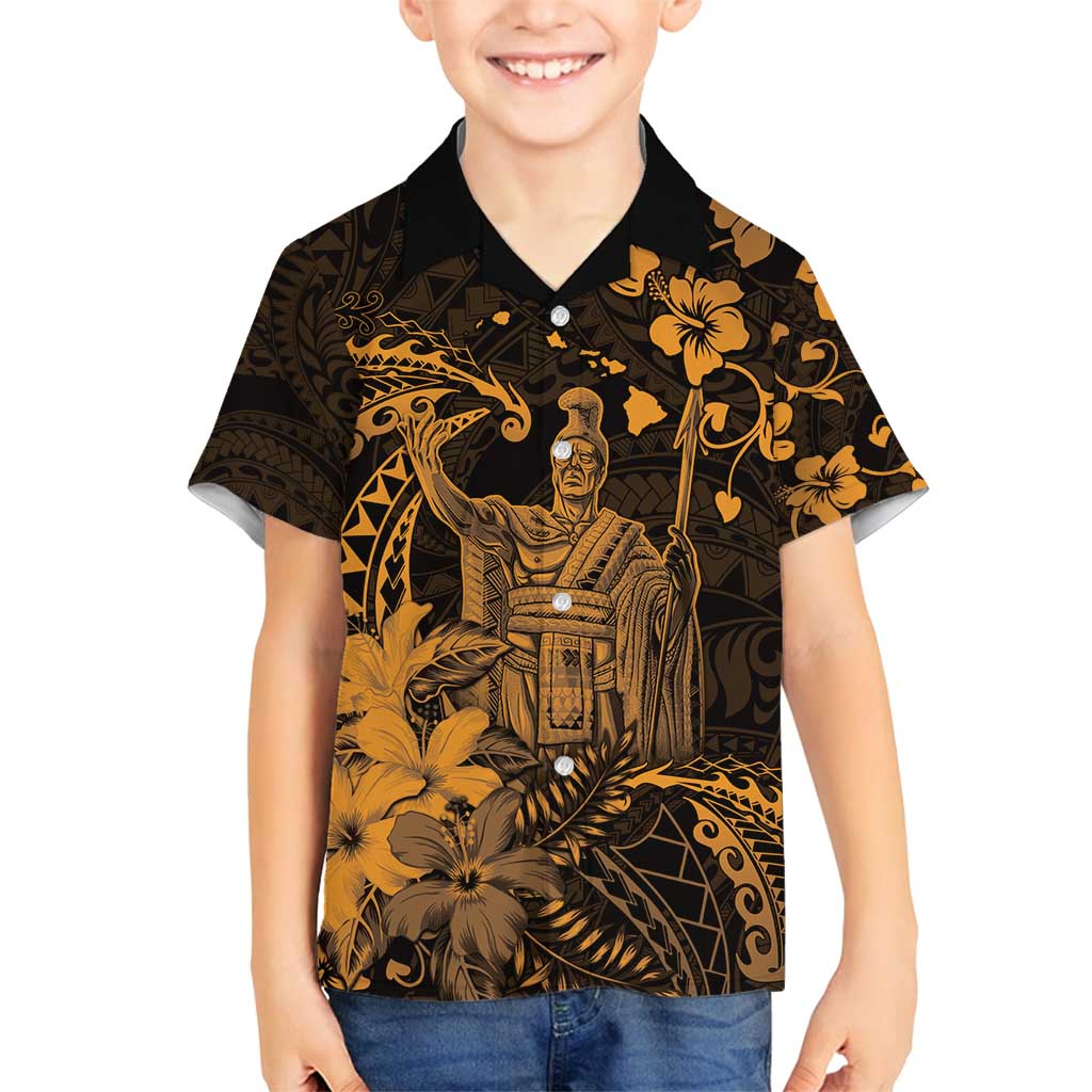 Hawaii King Kamehameha Day Family Matching Long Sleeve Bodycon Dress and Hawaiian Shirt Polynesian Pattern Mix Hibiscus Gold LT05 Son's Shirt Gold - Polynesian Pride