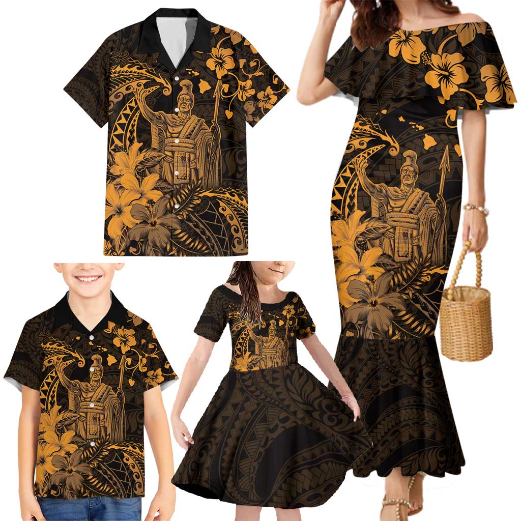 Hawaii King Kamehameha Day Family Matching Mermaid Dress and Hawaiian Shirt Polynesian Pattern Mix Hibiscus Gold LT05 - Polynesian Pride