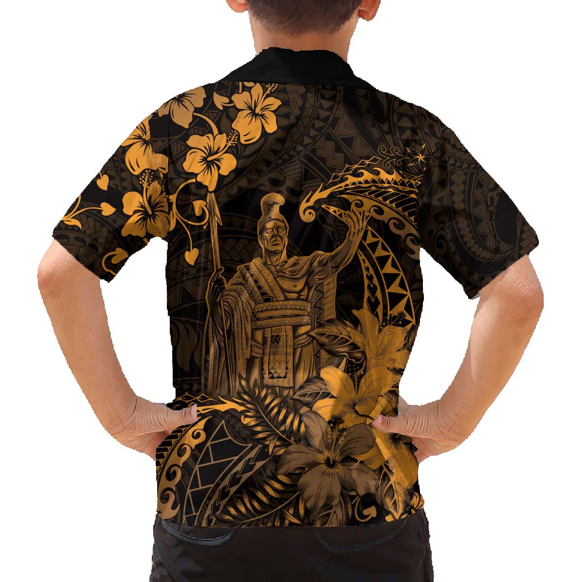 Hawaii King Kamehameha Day Family Matching Off The Shoulder Long Sleeve Dress and Hawaiian Shirt Polynesian Pattern Mix Hibiscus Gold LT05 - Polynesian Pride
